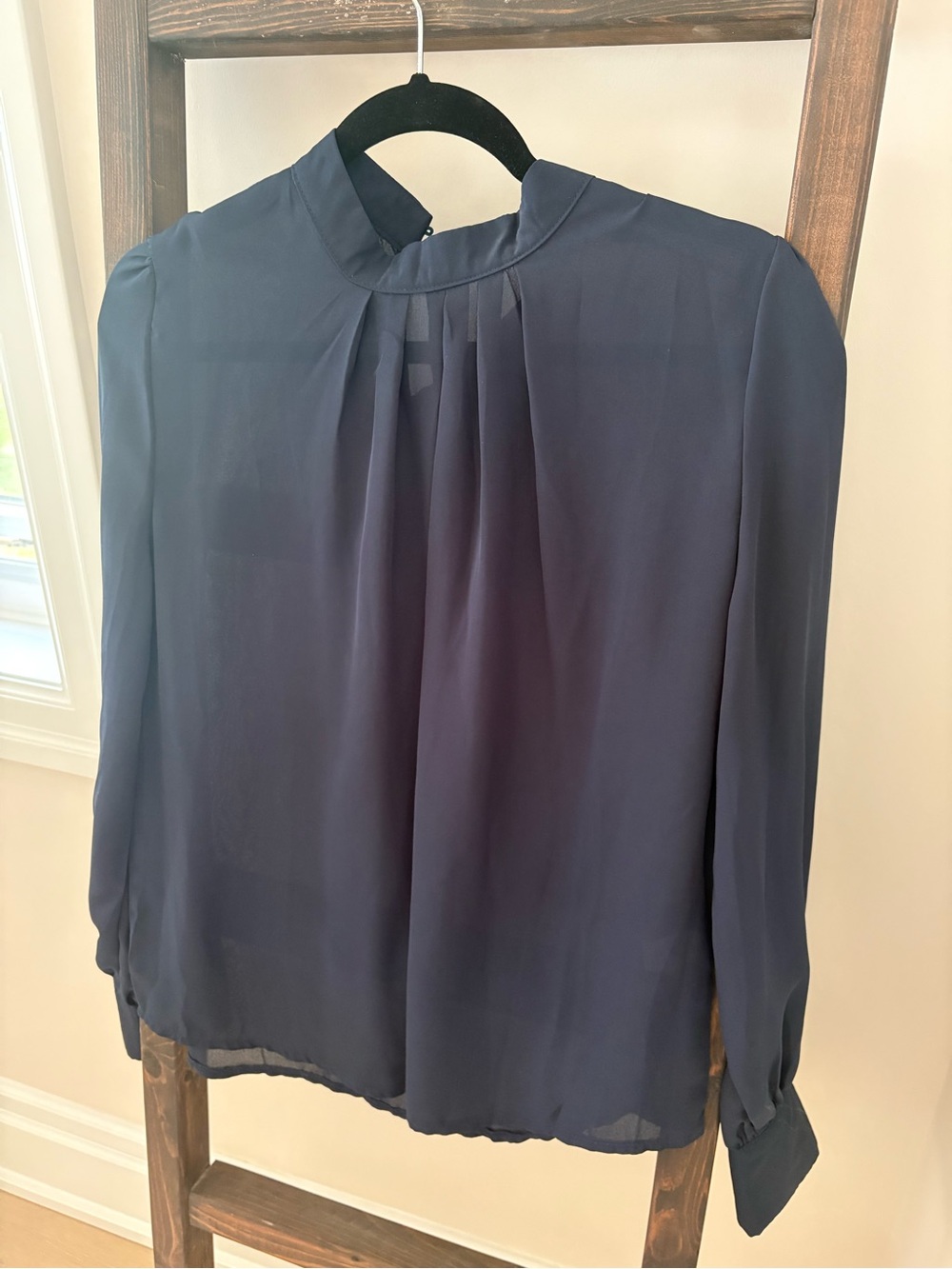 Women's Navy Long-Sleeve Pleated Blouse